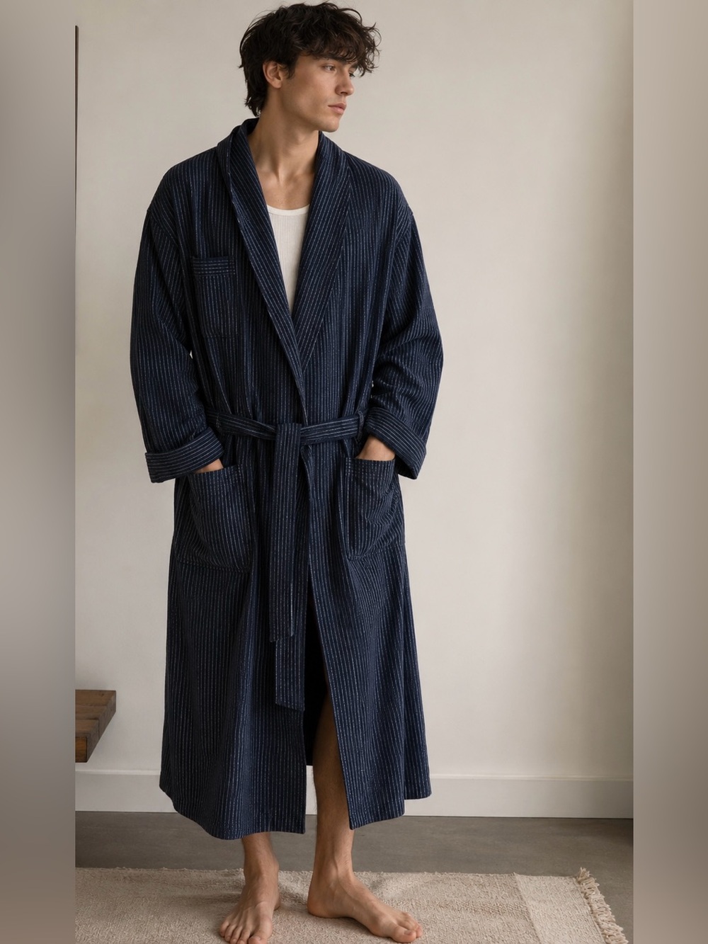Brooks Brothers Navy and White Pinstripe Robe